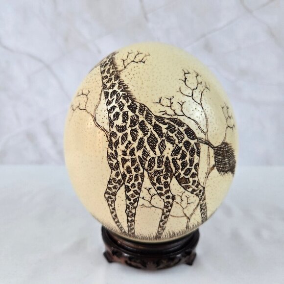 Hand Etched Giraffe on Ostrich Egg with Wooden Stand Home Office Collectible - Picture 3 of 13